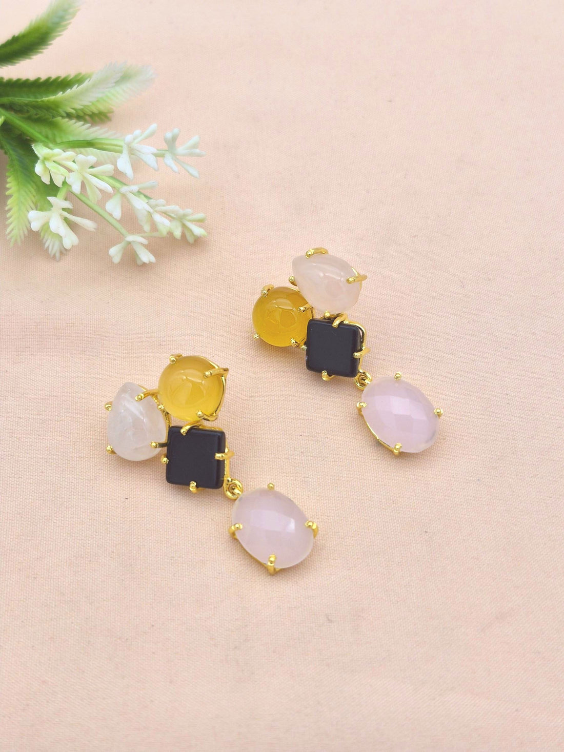 Stunning Gold Plated Dangle Earring -Rose Quartz-Chalcedony-Black Onyx Gemstone Charming Handcrafted Jewelry