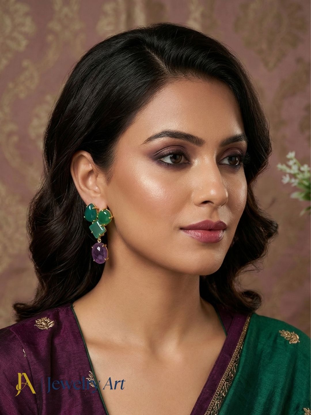 Dual gemstone drop earrings with green onyx and amethyst gold plated design
