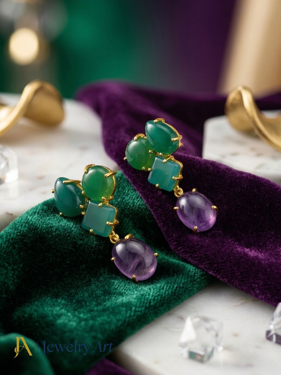 Stunning Gold Plated Dangle Earring -Green Onyx-Amethyst Gemstone Charming Handcrafted Jewelry