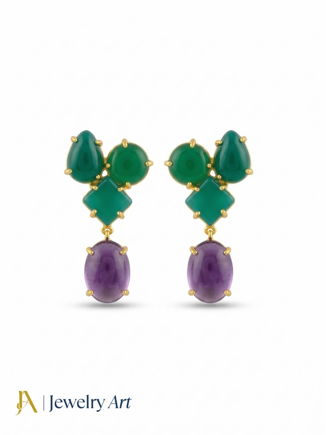 Stunning Gold Plated Dangle Earring -Green Onyx-Amethyst Gemstone Charming Handcrafted Jewelry