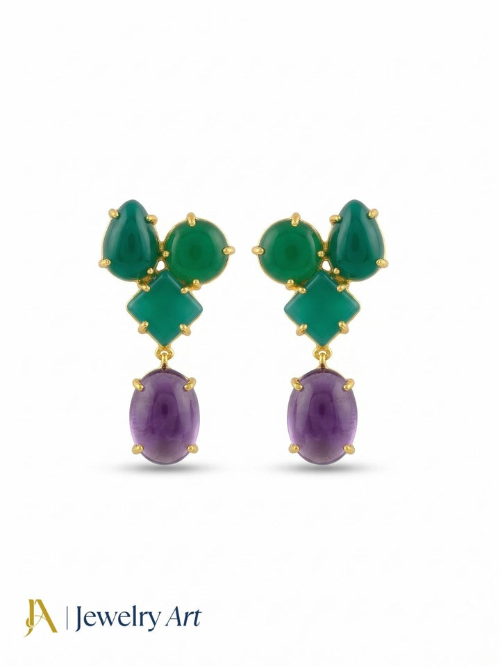Stunning Gold Plated Dangle Earring -Green Onyx-Amethyst Gemstone Charming Handcrafted Jewelry