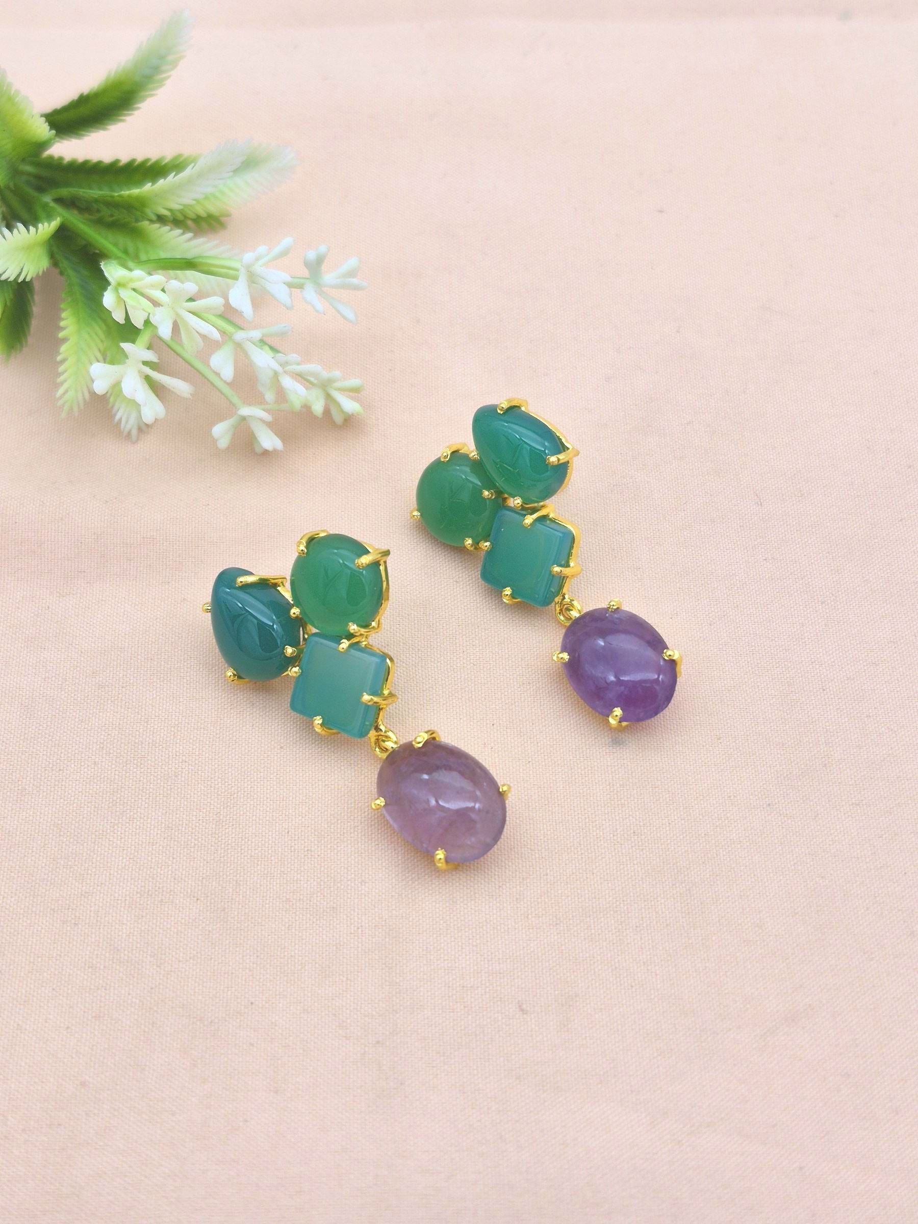 Stunning Gold Plated Dangle Earring -Green Onyx-Amethyst Gemstone Charming Handcrafted Jewelry
