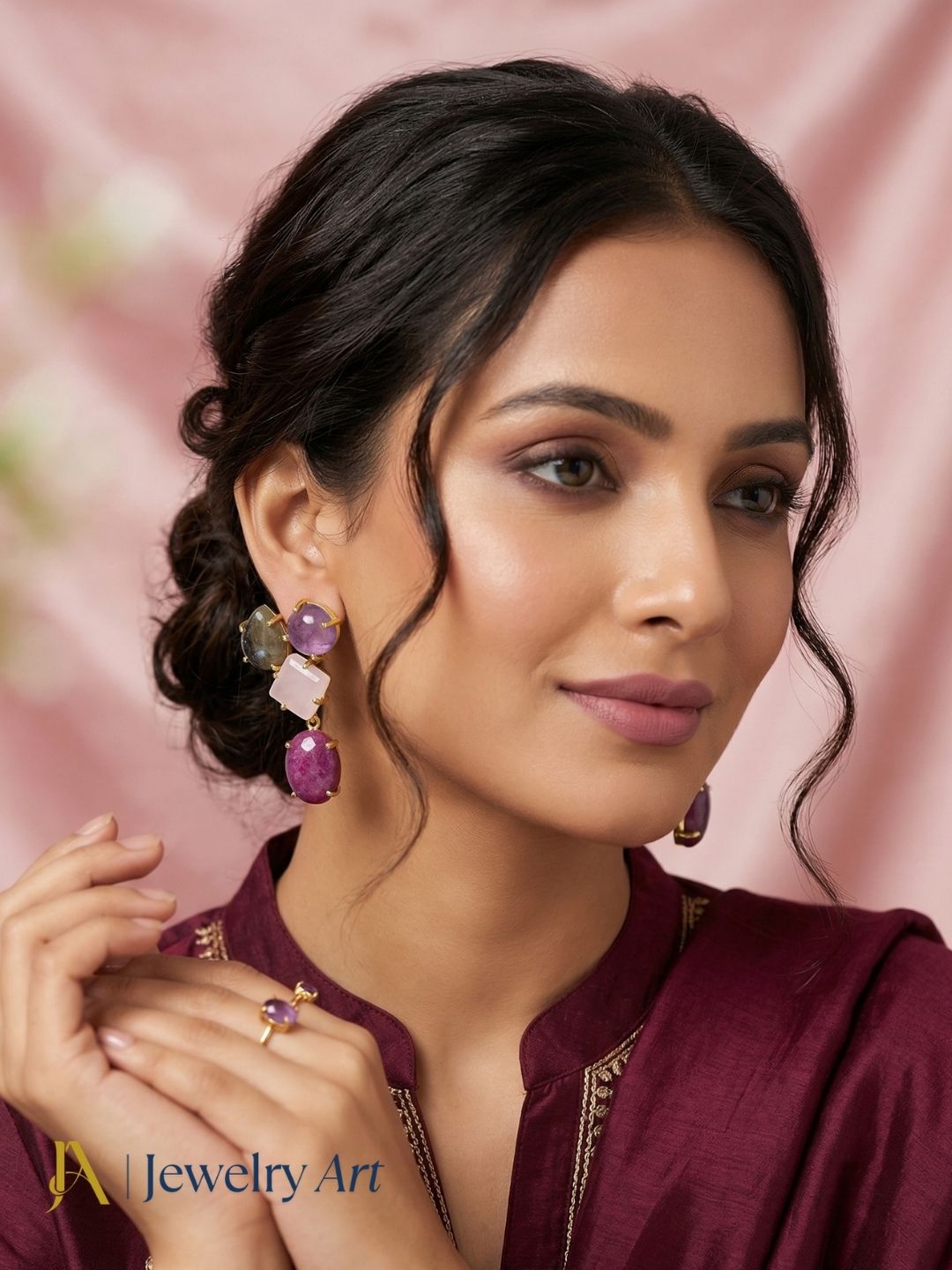 Multi gemstone drop earrings with red Hathipara Rose Quartz labradorite and amethyst gold plated design
