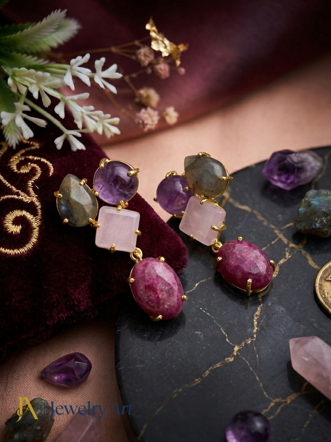 Stunning Gold Plated Dangle Earring -Red Hathipara-Rose Quartz-Labradorite-Amethyst Gemstone Charming Handcrafted Jewelry