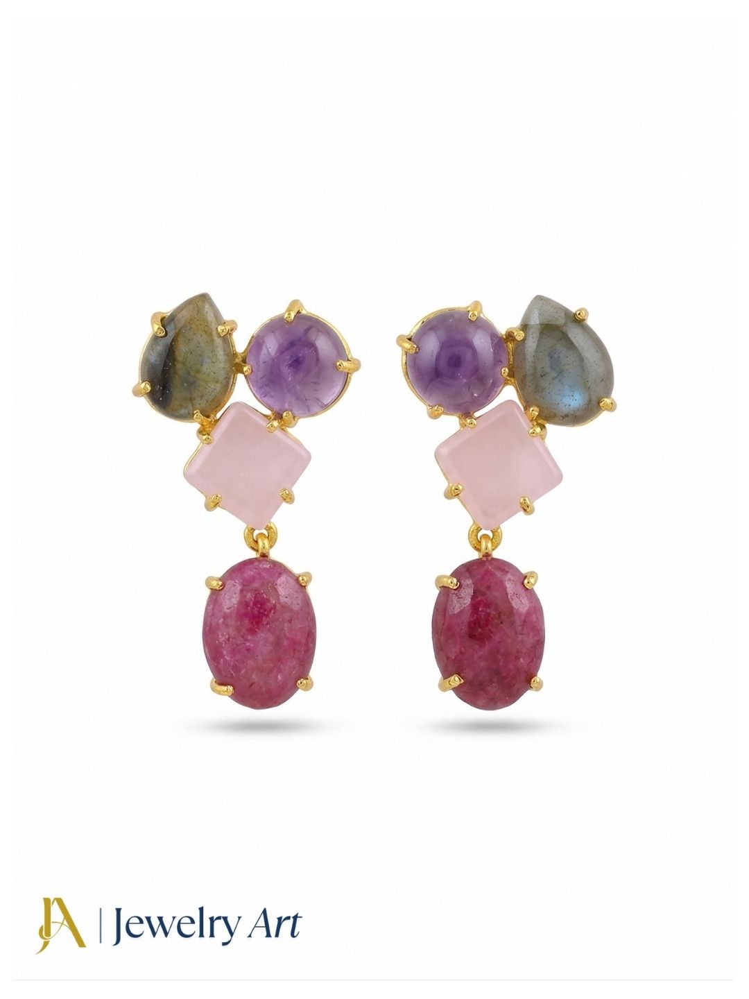 Stunning Gold Plated Dangle Earring -Red Hathipara-Rose Quartz-Labradorite-Amethyst Gemstone Charming Handcrafted Jewelry