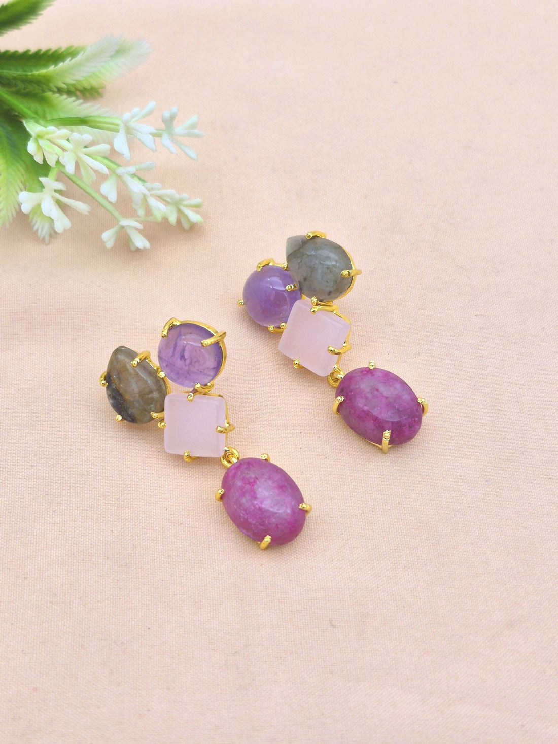 Stunning Gold Plated Dangle Earring -Red Hathipara-Rose Quartz-Labradorite-Amethyst Gemstone Charming Handcrafted Jewelry