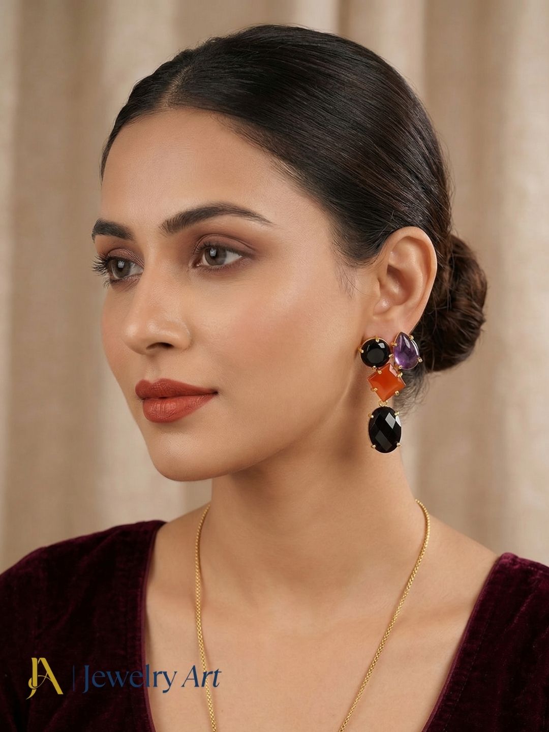 Unique handmade earrings with red black onyx and amethyst drop 
