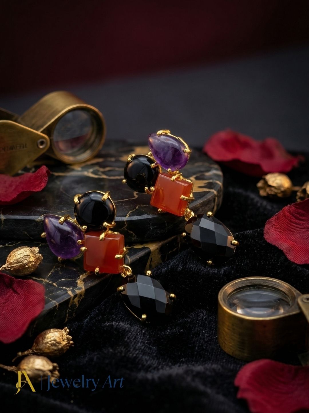Stunning Gold Plated Dangle Earring -Red & Black Onyx-Amethyst Gemstone Charming Handcrafted Jewelry
