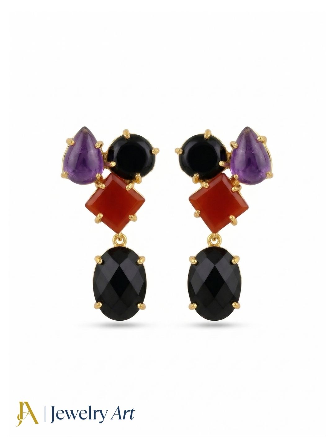 Stunning Gold Plated Dangle Earring -Red & Black Onyx-Amethyst Gemstone Charming Handcrafted Jewelry