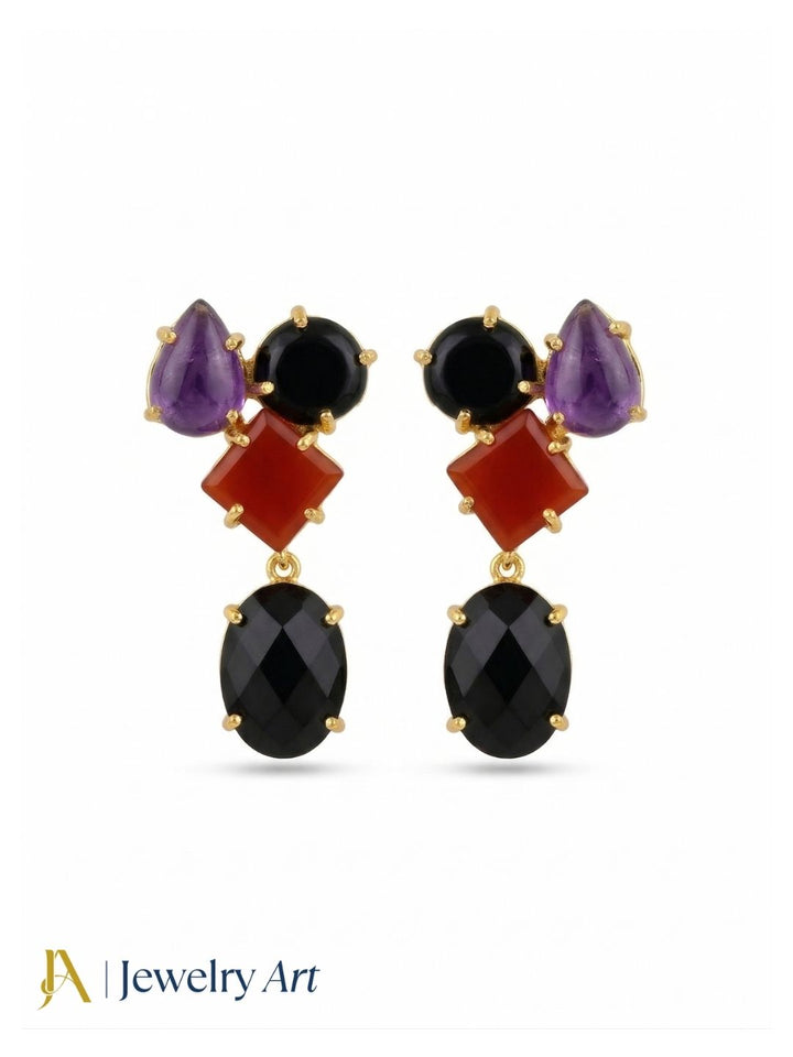 Stunning Gold Plated Dangle Earring -Red & Black Onyx-Amethyst Gemstone Charming Handcrafted Jewelry