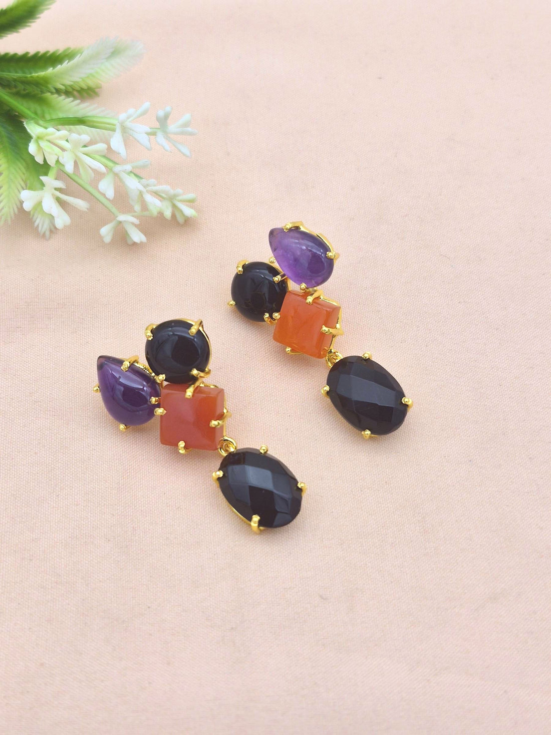 Stunning Gold Plated Dangle Earring -Red & Black Onyx-Amethyst Gemstone Charming Handcrafted Jewelry