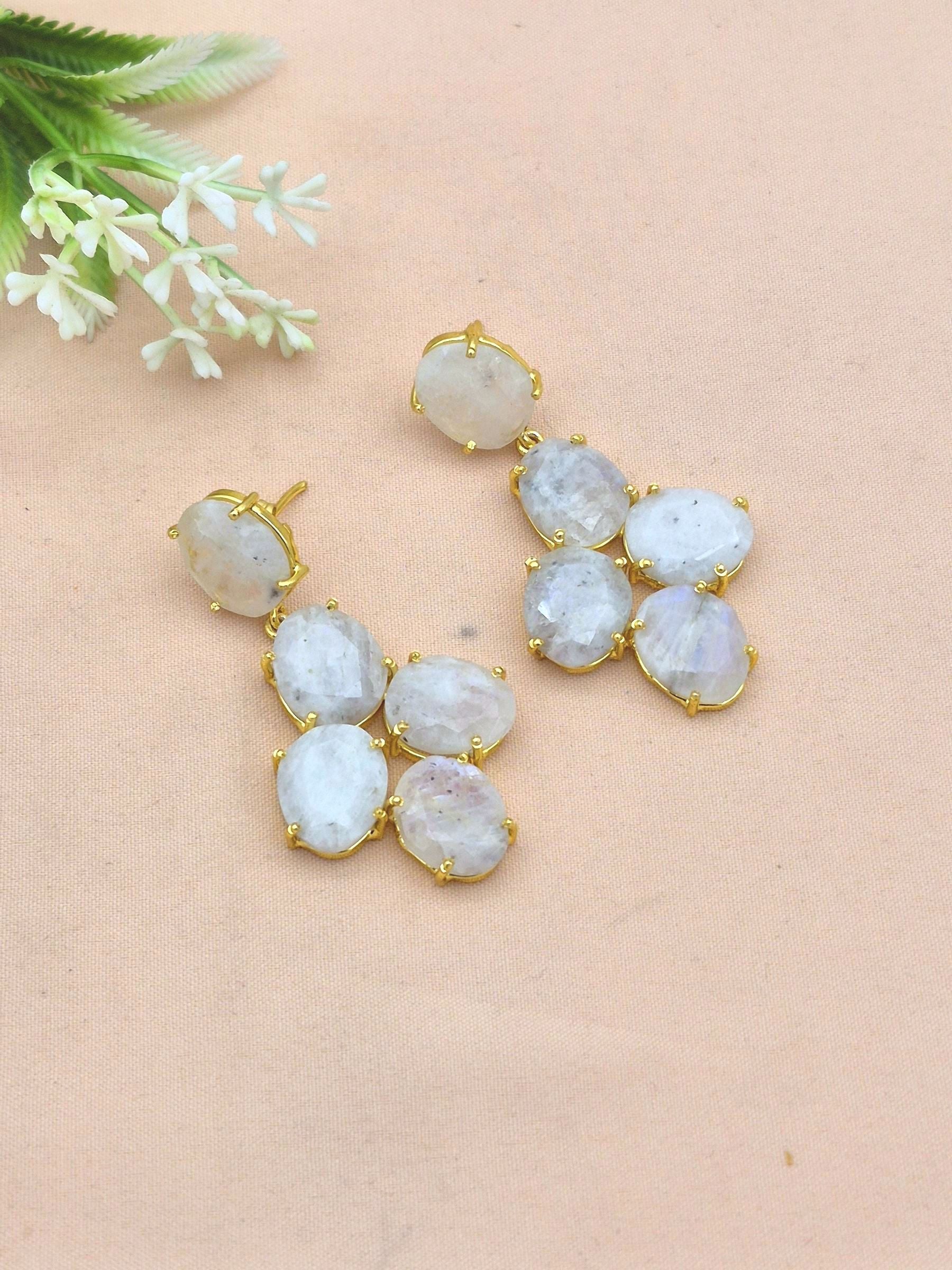 Charming Gold Plated White Rainbow Gemstone - Handcrafted Cute Designer Dangle Earrings