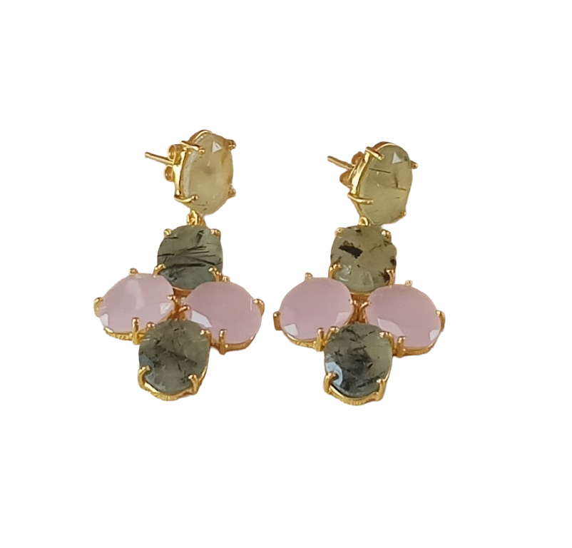 Charming Gold Plated Prehnite-Rose Quartz Gemstone - Handcrafted Cute Designer Dangle Earrings