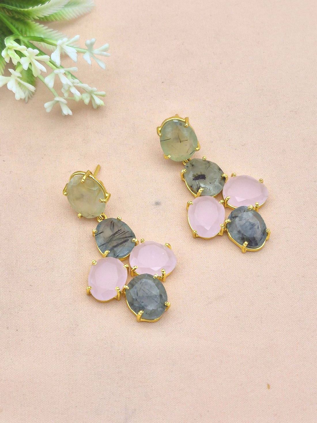 Charming Gold Plated Prehnite-Rose Quartz Gemstone - Handcrafted Cute Designer Dangle Earrings