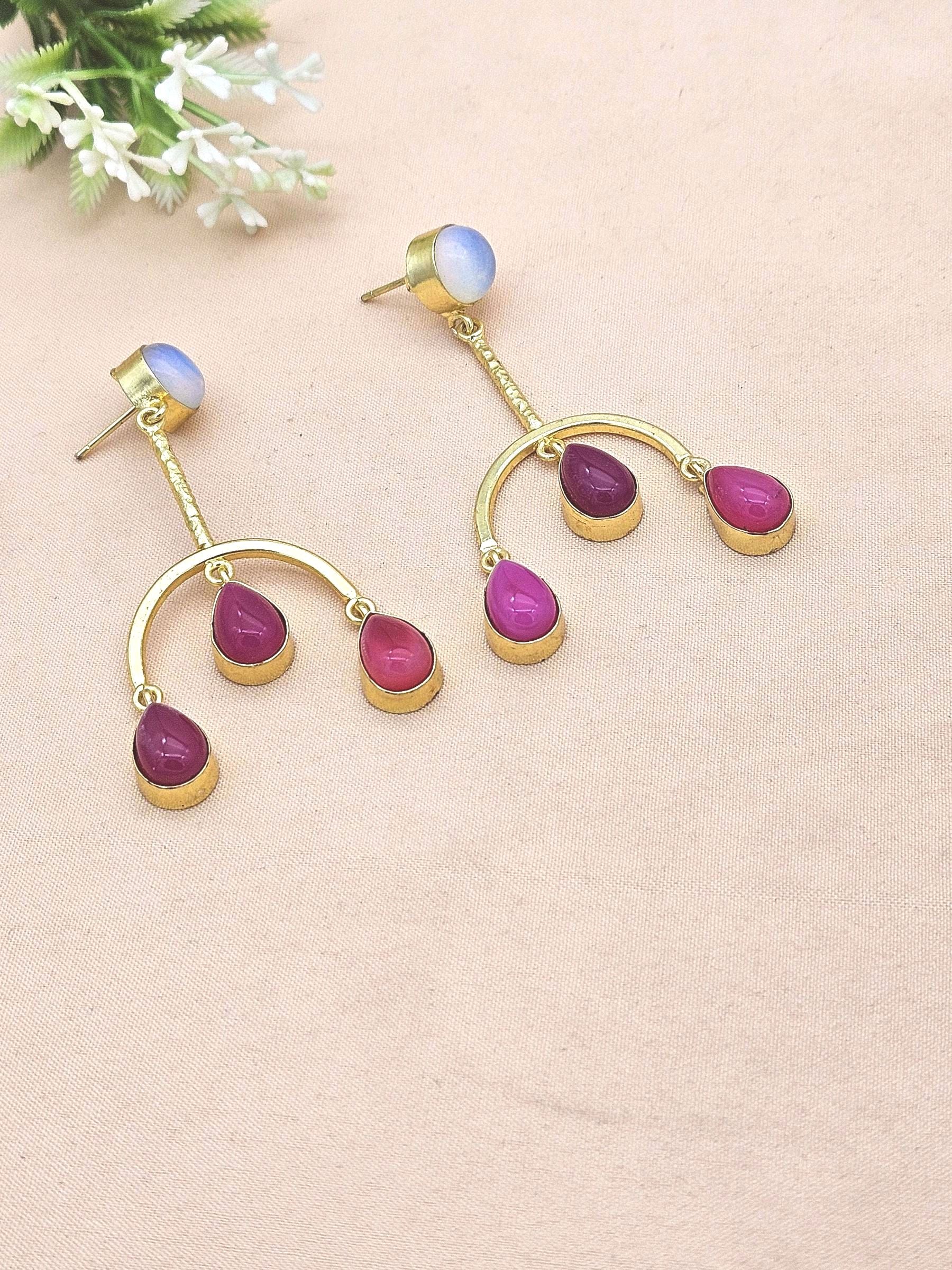 Handmade Gold Plated Synthetic Opal-Pink Onyx Dangle Earrings – Designer Jewelry for Women
