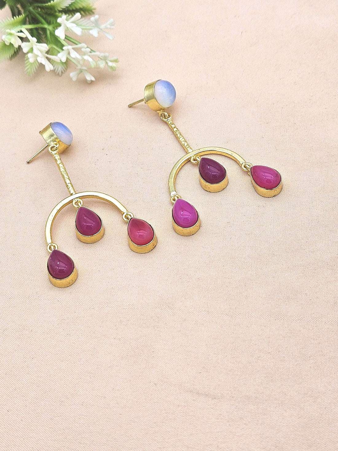 Handmade Gold Plated Synthetic Opal-Pink Onyx Dangle Earrings – Designer Jewelry for Women