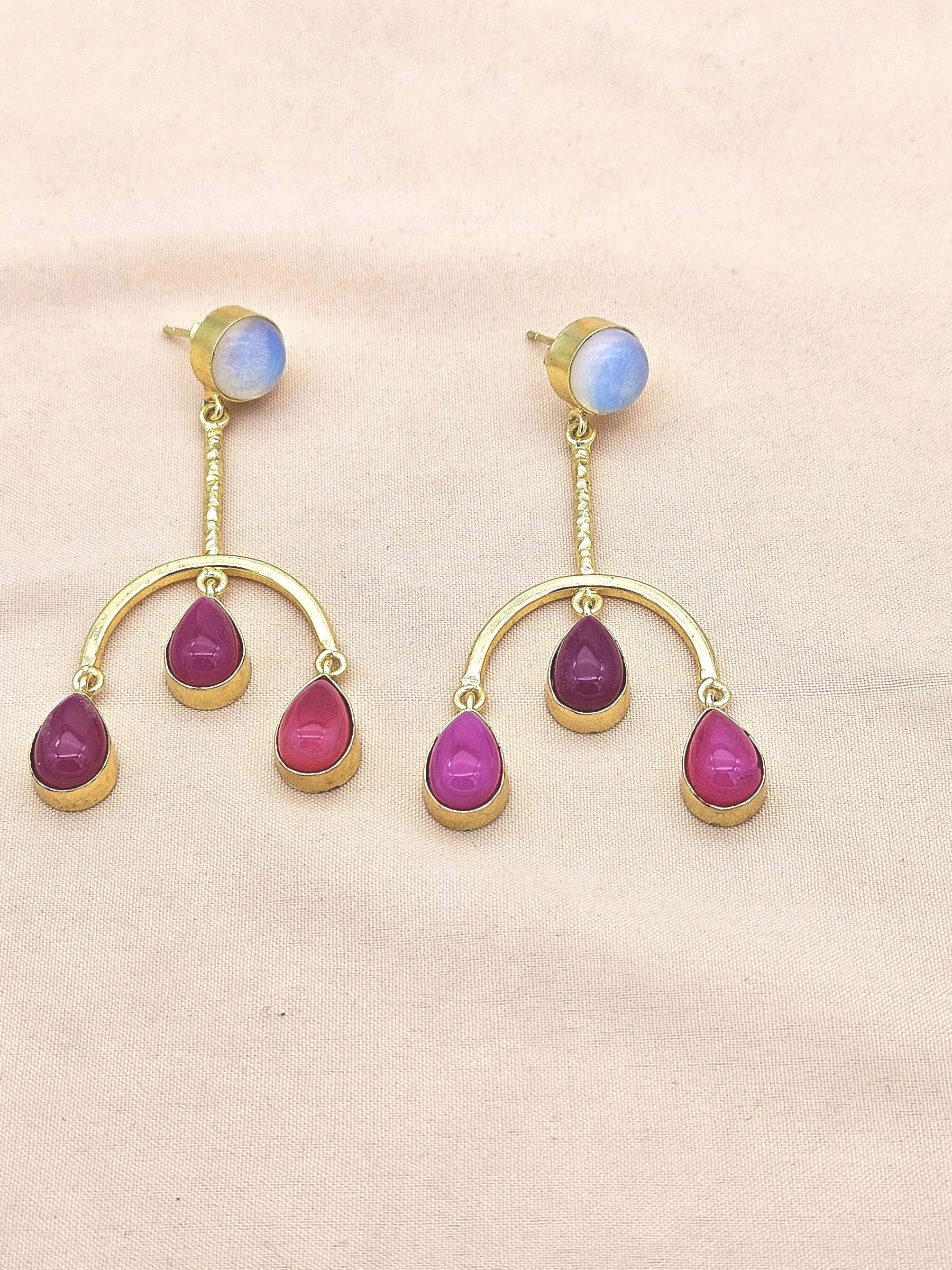 Handmade Gold Plated Synthetic Opal-Pink Onyx Dangle Earrings – Designer Jewelry for Women