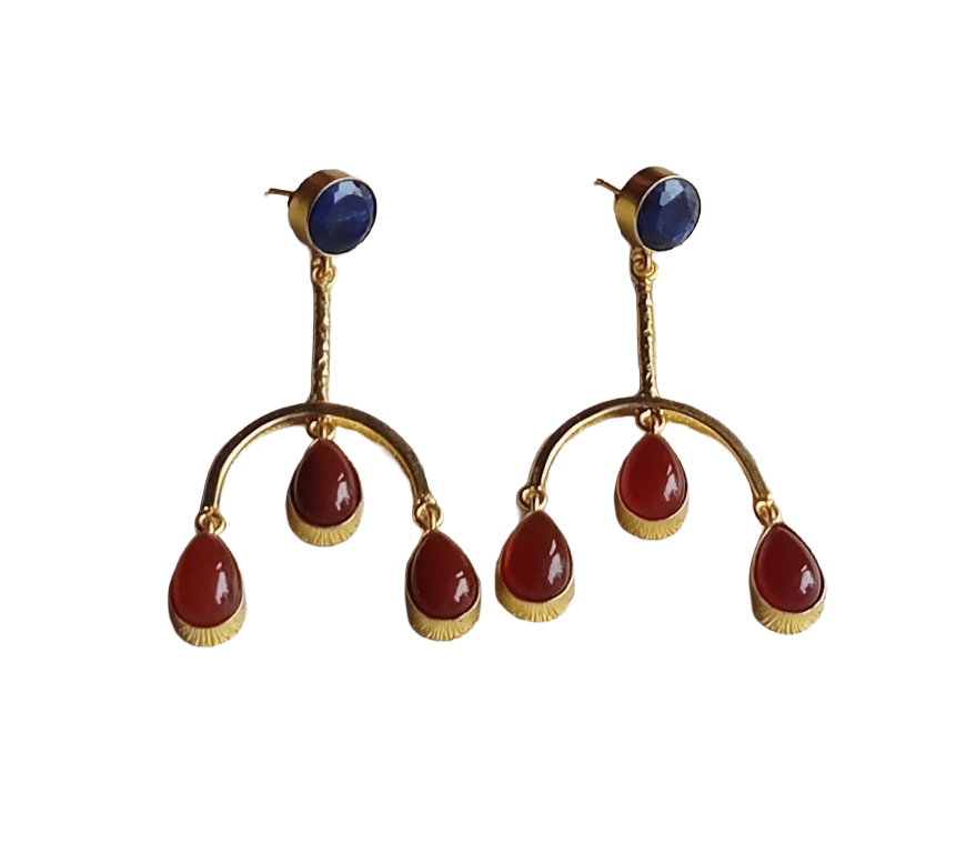 Handmade Gold Plated Blue Hathipara-Red Onyx Dangle Earrings – Designer Jewelry for Women