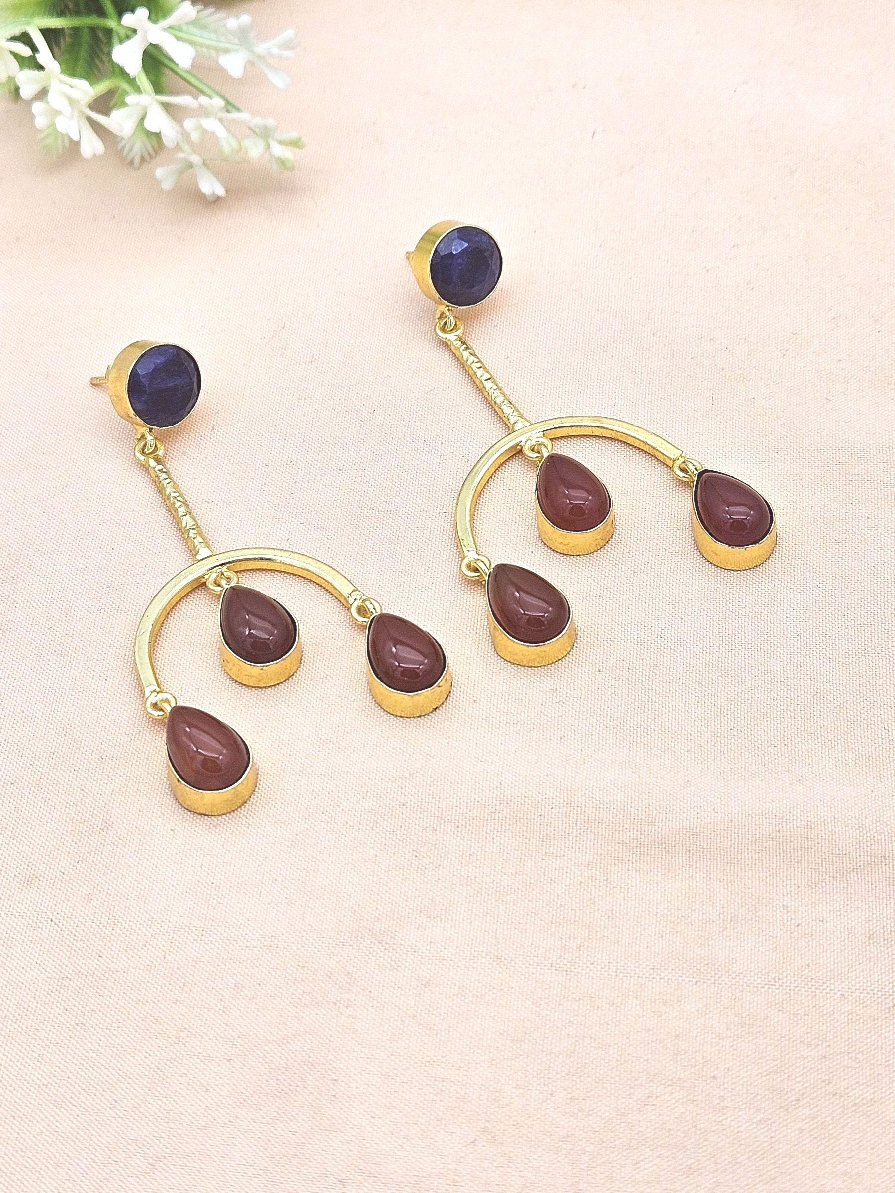 Handmade Gold Plated Blue Hathipara-Red Onyx Dangle Earrings – Designer Jewelry for Women