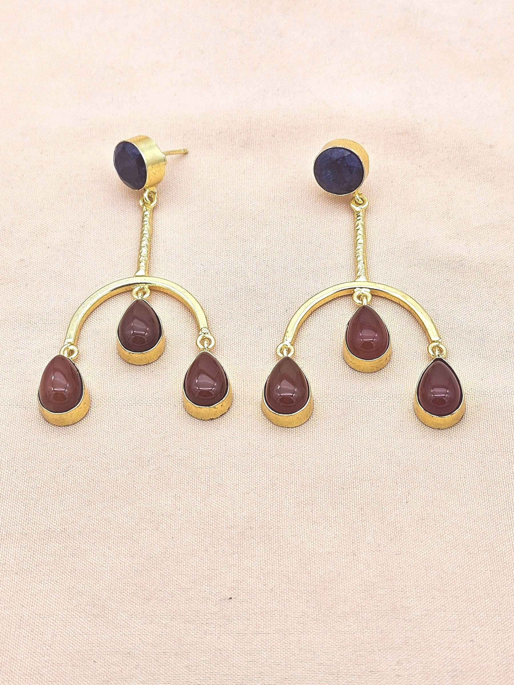 Handmade Gold Plated Blue Hathipara-Red Onyx Dangle Earrings – Designer Jewelry for Women