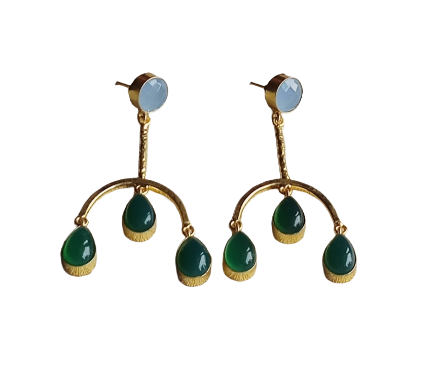 Handmade Gold Plated Chalcedony-Green Onyx Dangle Earrings – Designer Jewelry for Women