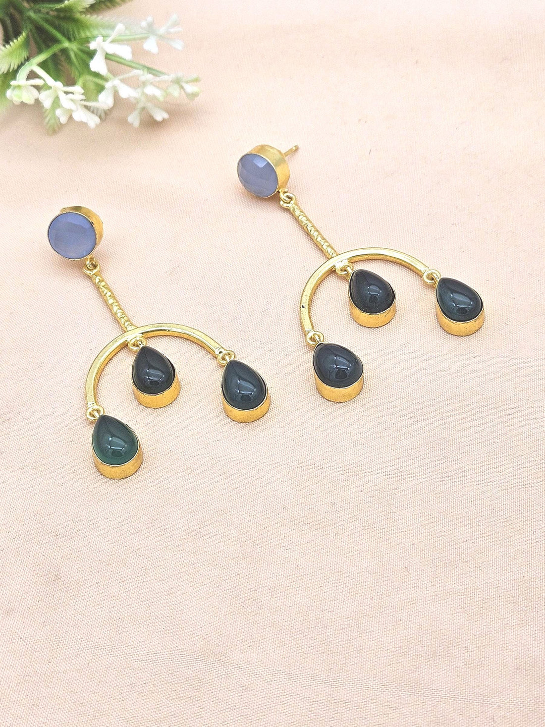 Handmade Gold Plated Chalcedony-Green Onyx Dangle Earrings – Designer Jewelry for Women