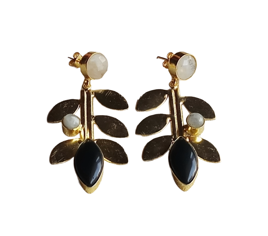 Stunning Gold Plated White Rainbow-Black Onyx Gemstone Dangle Earring - Handcrafted Leaf Designer Jewelry