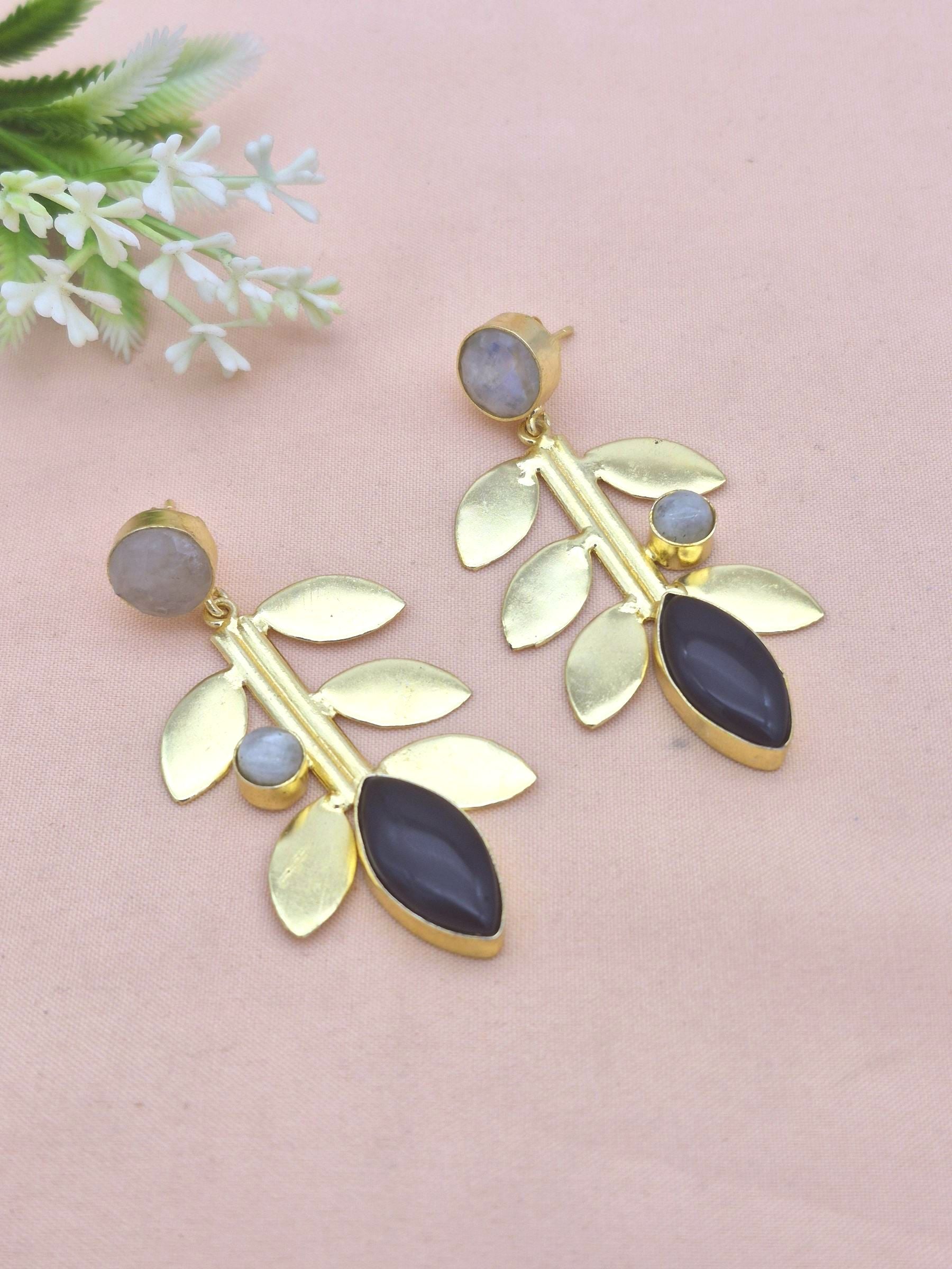 Stunning Gold Plated White Rainbow-Black Onyx Gemstone Dangle Earring - Handcrafted Leaf Designer Jewelry
