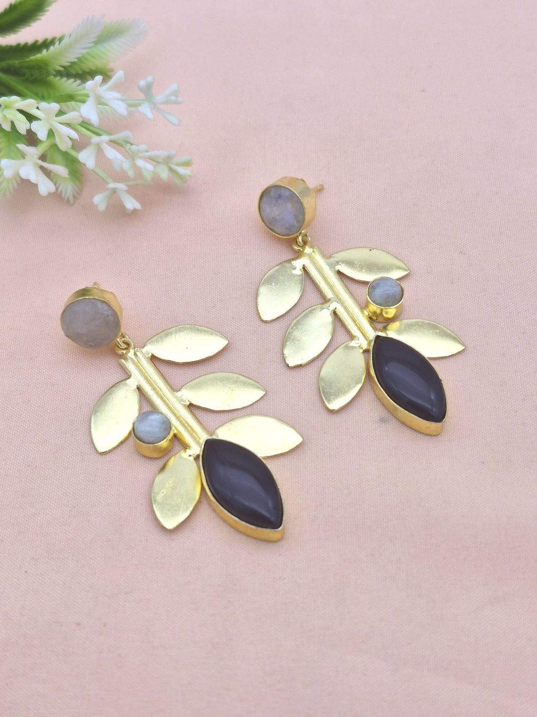 Stunning Gold Plated White Rainbow-Black Onyx Gemstone Dangle Earring - Handcrafted Leaf Designer Jewelry