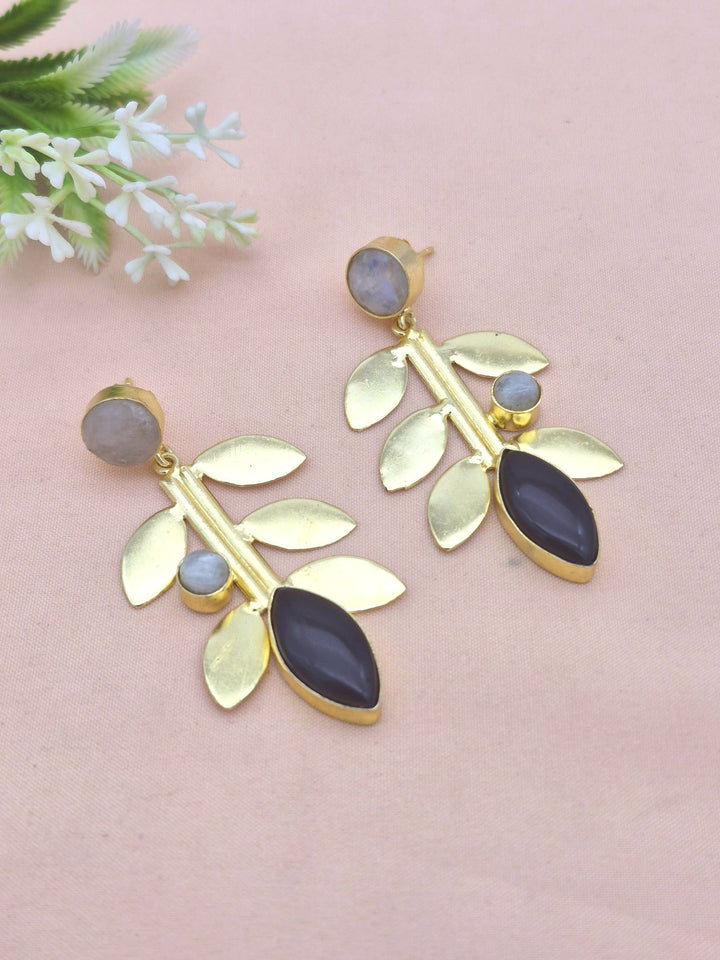 Stunning Gold Plated White Rainbow-Black Onyx Gemstone Dangle Earring - Handcrafted Leaf Designer Jewelry