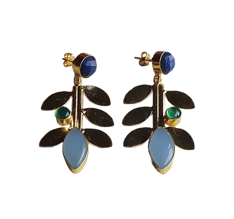 Stunning Gold Plated Lapis-Green Onyx-Chalcedony stone Dangle Earring - Handcrafted Leaf Designer Jewelry