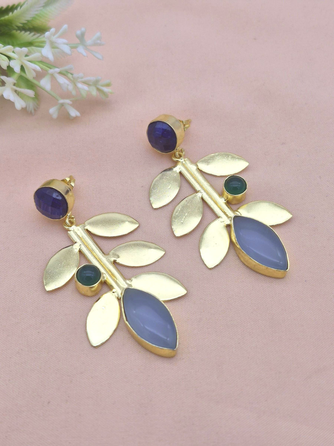 Stunning Gold Plated Lapis-Green Onyx-Chalcedony stone Dangle Earring - Handcrafted Leaf Designer Jewelry