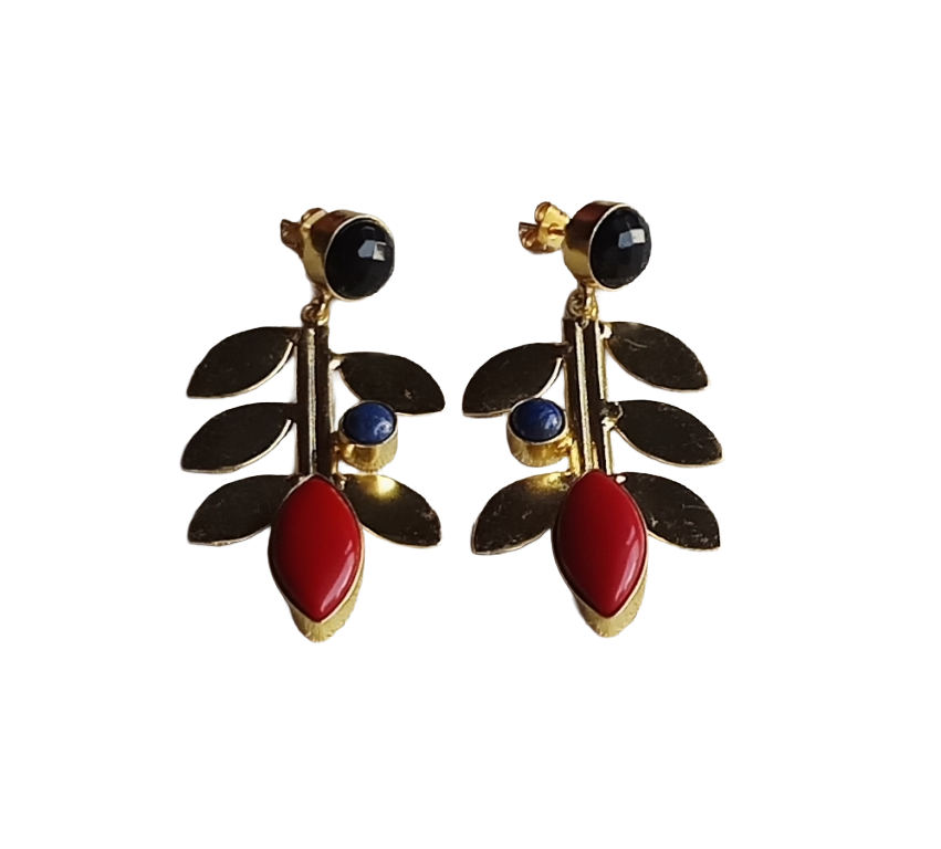Stunning Gold Plated Black Onyx-Lapis-Coral stone Dangle Earring - Handcrafted Leaf Designer Jewelry