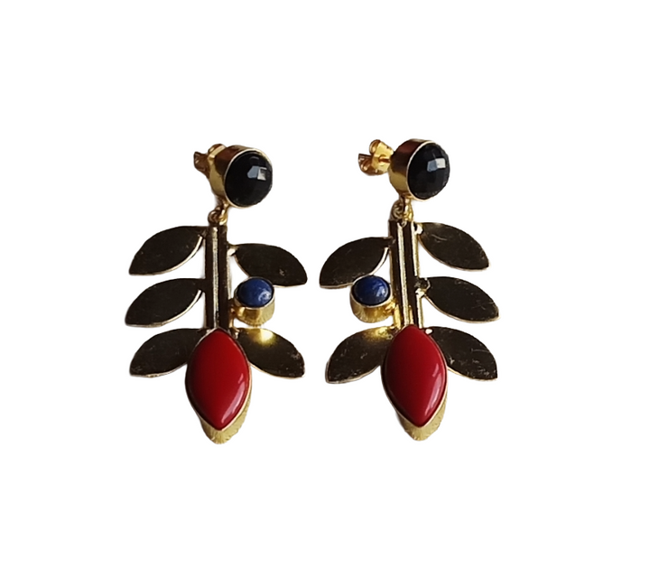 Stunning Gold Plated Black Onyx-Lapis-Coral stone Dangle Earring - Handcrafted Leaf Designer Jewelry