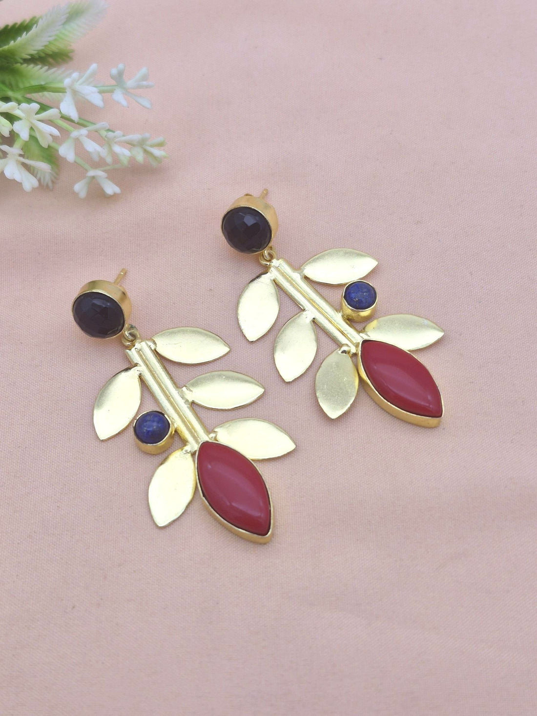 Stunning Gold Plated Black Onyx-Lapis-Coral stone Dangle Earring - Handcrafted Leaf Designer Jewelry