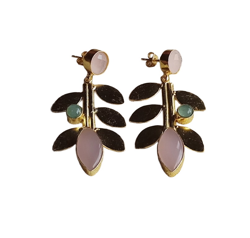 Stunning Gold Plated Rose Quartz-Chalcedony stone Dangle Earring - Handcrafted Leaf Designer Jewelry