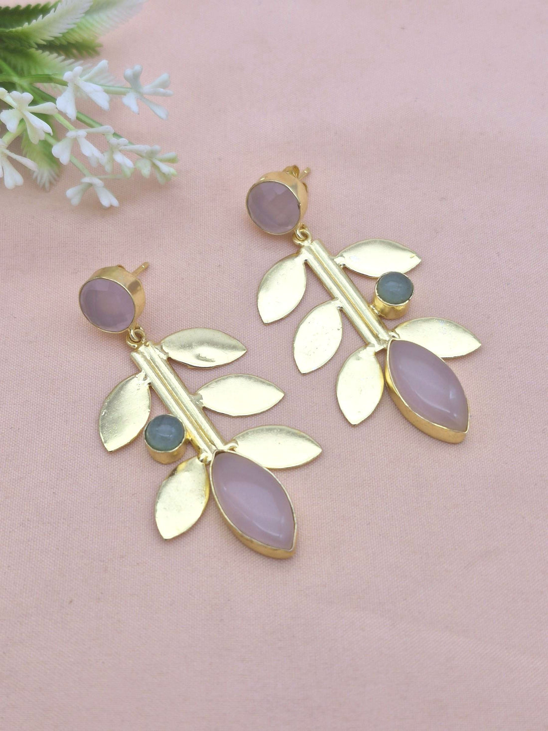 Stunning Gold Plated Rose Quartz-Chalcedony stone Dangle Earring - Handcrafted Leaf Designer Jewelry