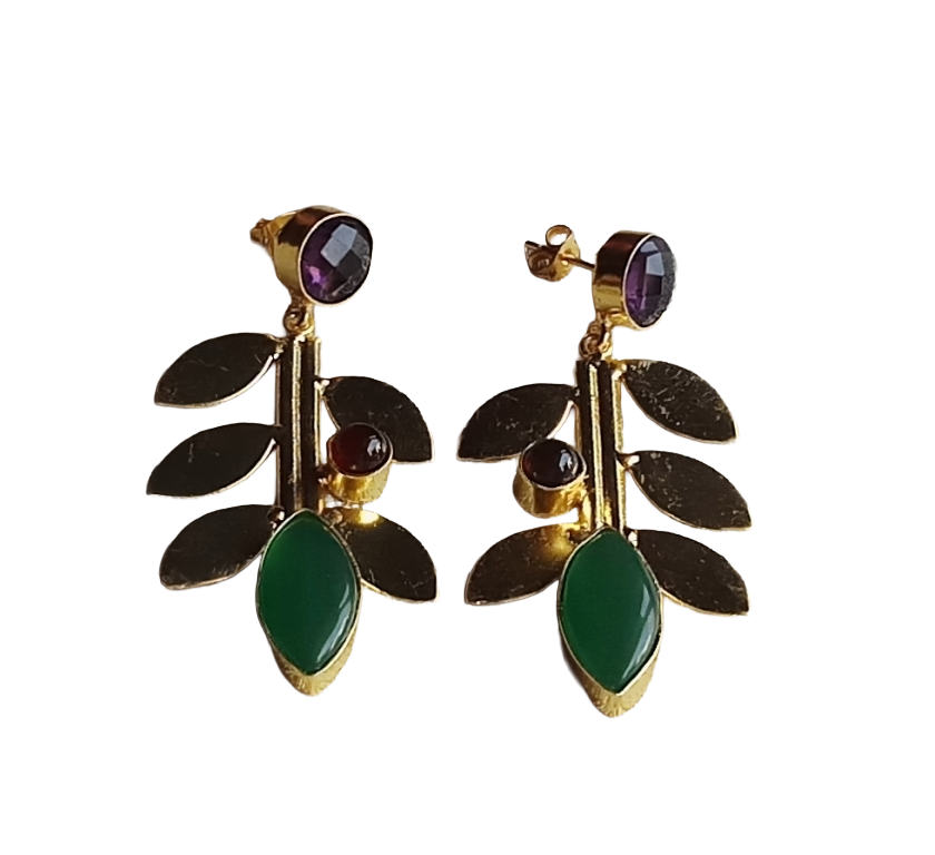 Stunning Gold Plated Amethyst-Red & Green Onyx stone Dangle Earring - Handcrafted Leaf Designer Jewelry