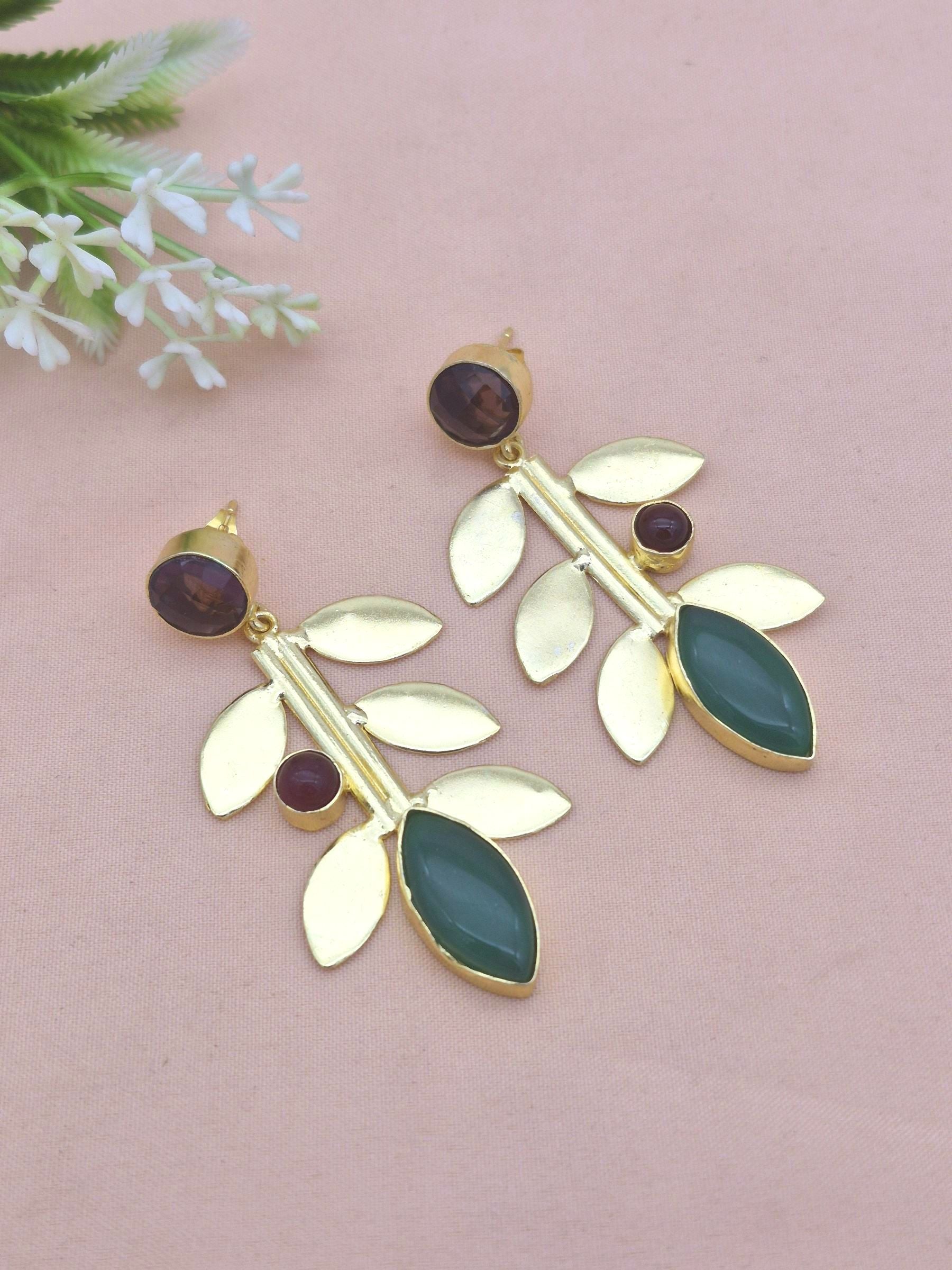Stunning Gold Plated Amethyst-Red & Green Onyx stone Dangle Earring - Handcrafted Leaf Designer Jewelry