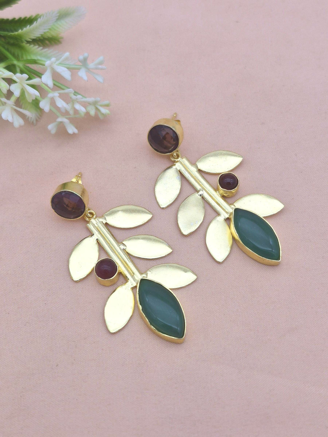 Stunning Gold Plated Amethyst-Red & Green Onyx stone Dangle Earring - Handcrafted Leaf Designer Jewelry