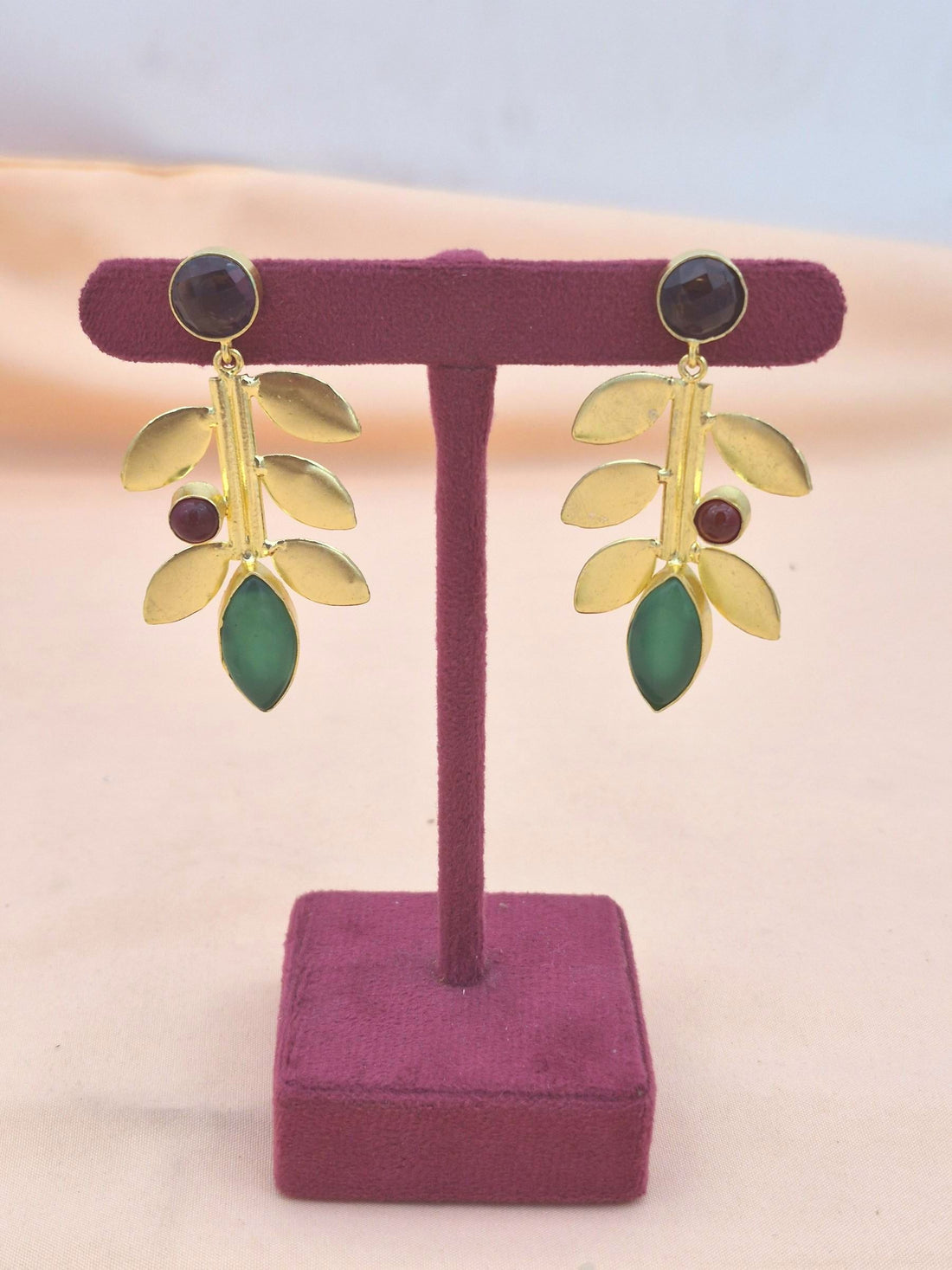 Stunning Gold Plated Amethyst-Red & Green Onyx stone Dangle Earring - Handcrafted Leaf Designer Jewelry