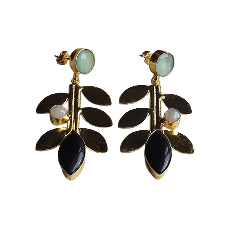 Stunning Gold Plated Aqua-White Rainbow-Black Onyx stone Dangle Earring - Handcrafted Leaf Designer Jewelry