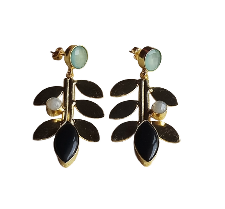 Stunning Gold Plated Aqua-White Rainbow-Black Onyx stone Dangle Earring - Handcrafted Leaf Designer Jewelry