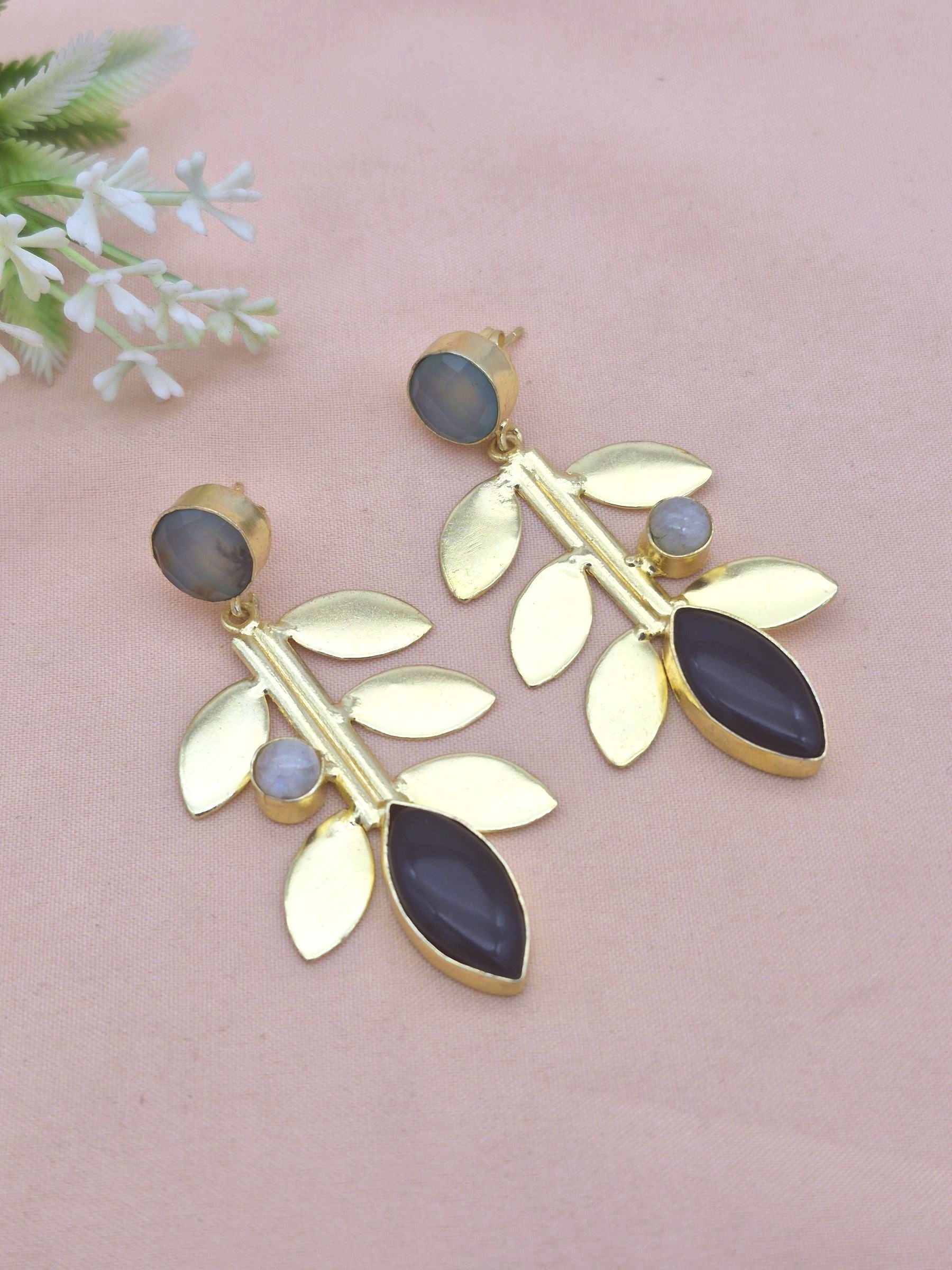 Stunning Gold Plated Aqua-White Rainbow-Black Onyx stone Dangle Earring - Handcrafted Leaf Designer Jewelry