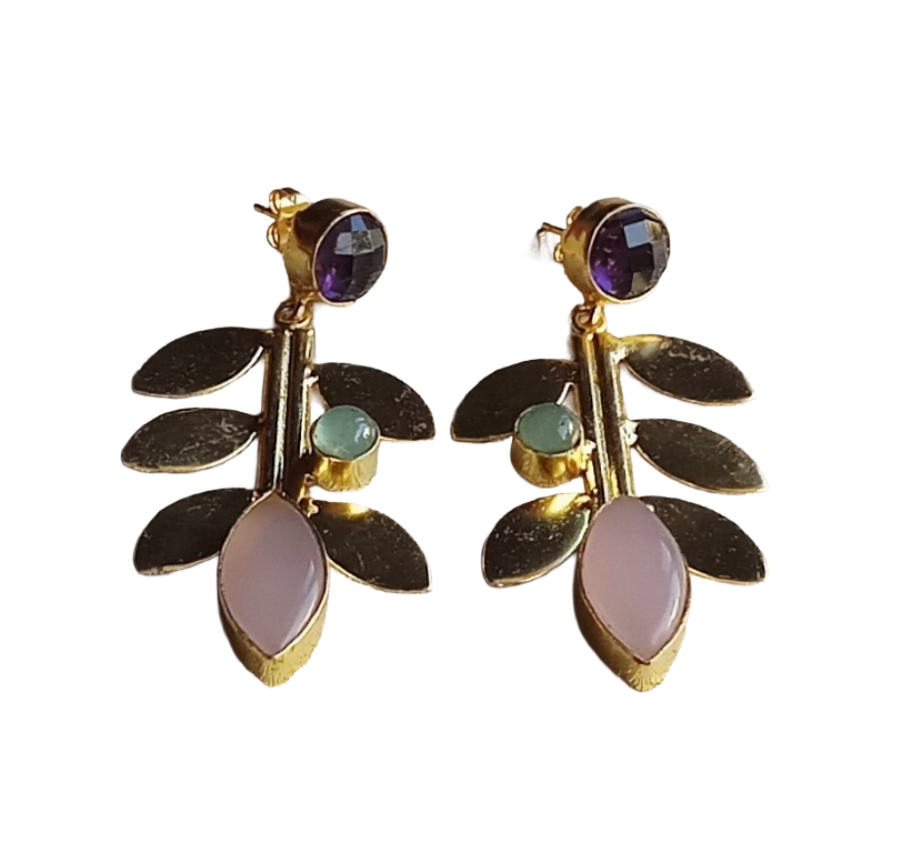 Stunning Gold Plated Amethyst-Chalcedony-Rose Quartz stone Dangle Earring - Handcrafted Leaf Designer Jewelry