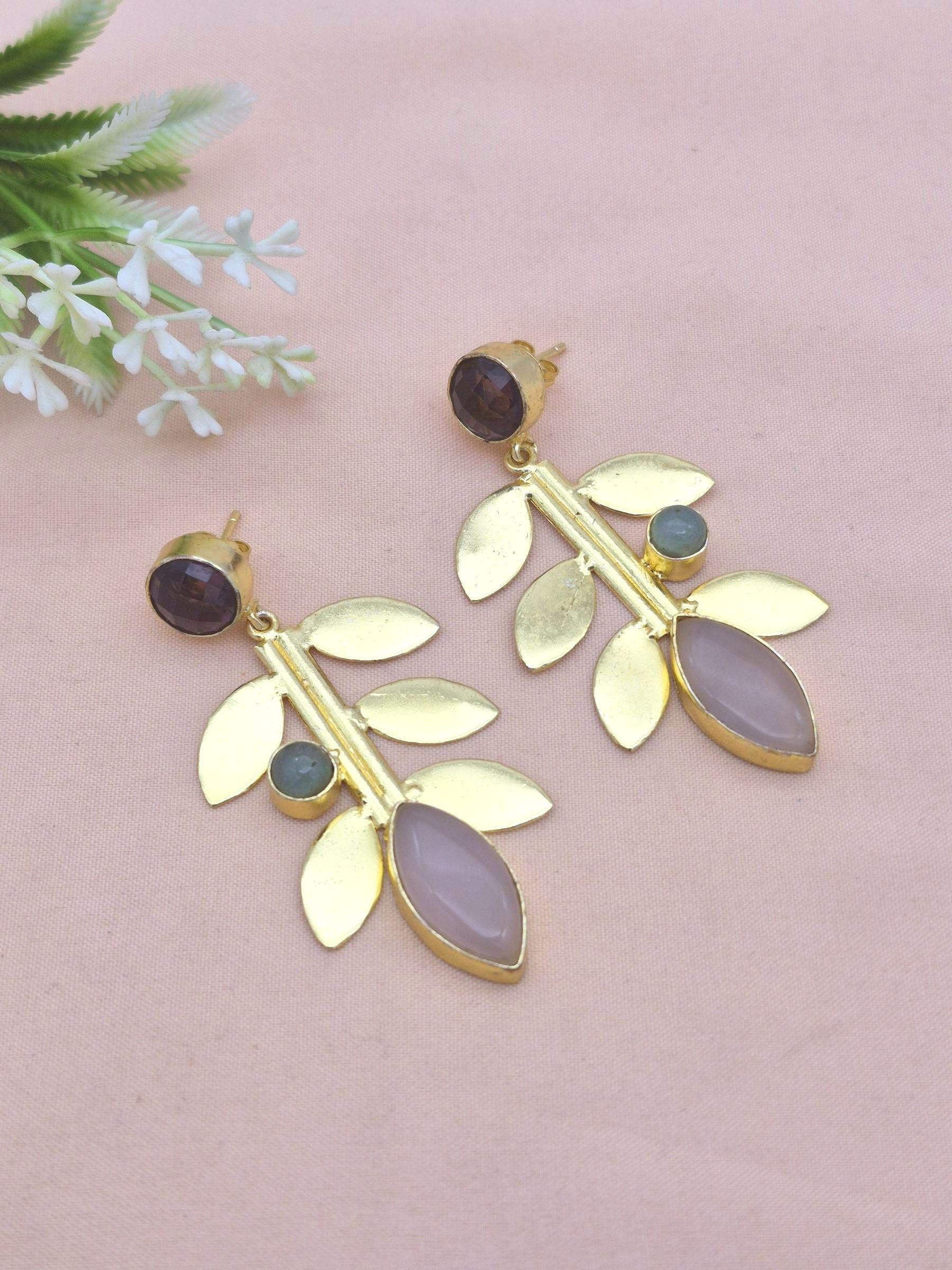 Stunning Gold Plated Amethyst-Chalcedony-Rose Quartz stone Dangle Earring - Handcrafted Leaf Designer Jewelry
