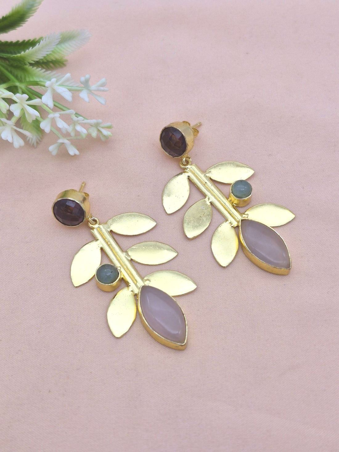 Stunning Gold Plated Amethyst-Chalcedony-Rose Quartz stone Dangle Earring - Handcrafted Leaf Designer Jewelry
