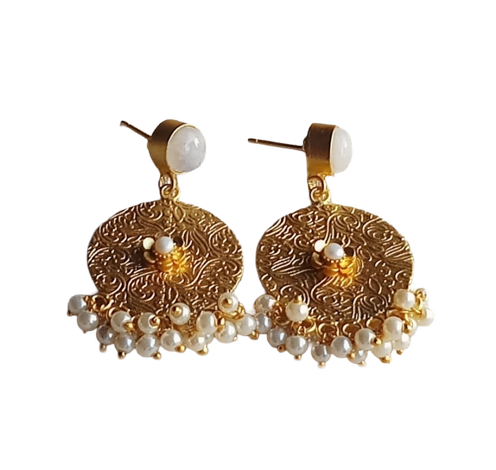 Awesome Gold Plated Dangle Earrings –White Rainbow-Pearl Charming Floral Designer Jewelry