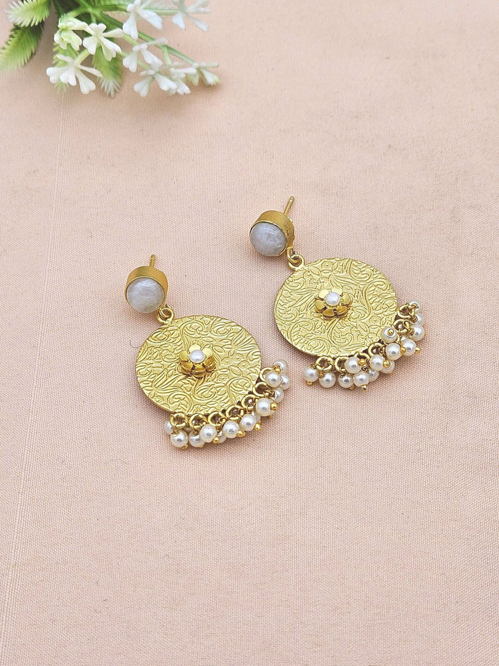 Awesome Gold Plated Dangle Earrings –White Rainbow-Pearl Charming Floral Designer Jewelry