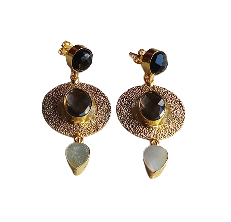 Artistic Gold Plated Black Onyx-Smoky-MOP stone Dangle Earring - Handcrafted Designer Jewelry